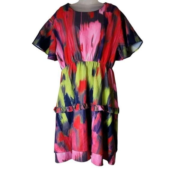 N By Nancy Ruffled Tiered Colorful Dress Plus Sz 2XL Flutter Sleeves Party Artzy - Picture 1 of 11